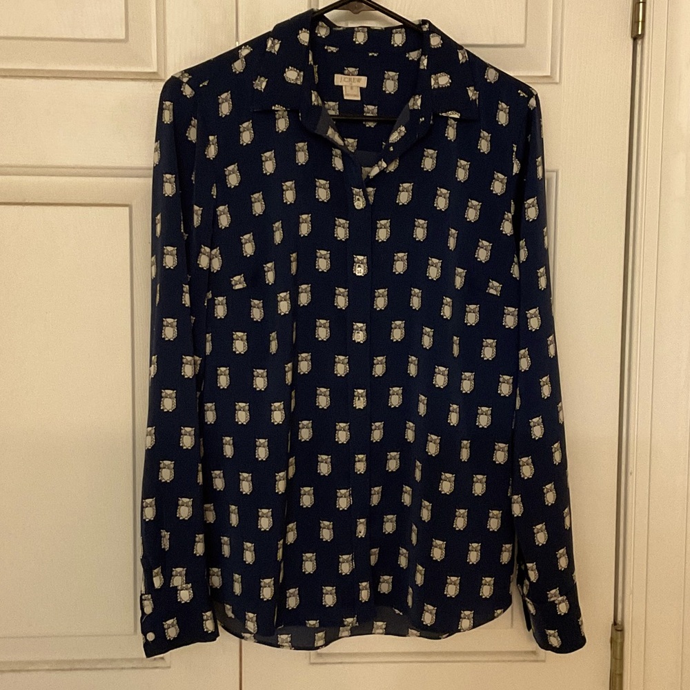 Navy Blue Owl Print Long Sleeve Silky Button Down Top